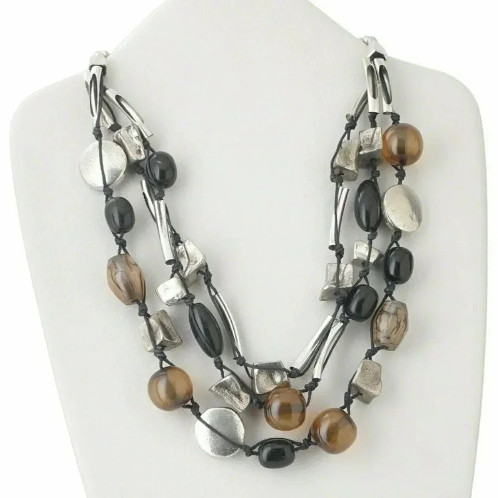 Edgy Mixed Media Metal Lucite Triple Strand Statement Necklace